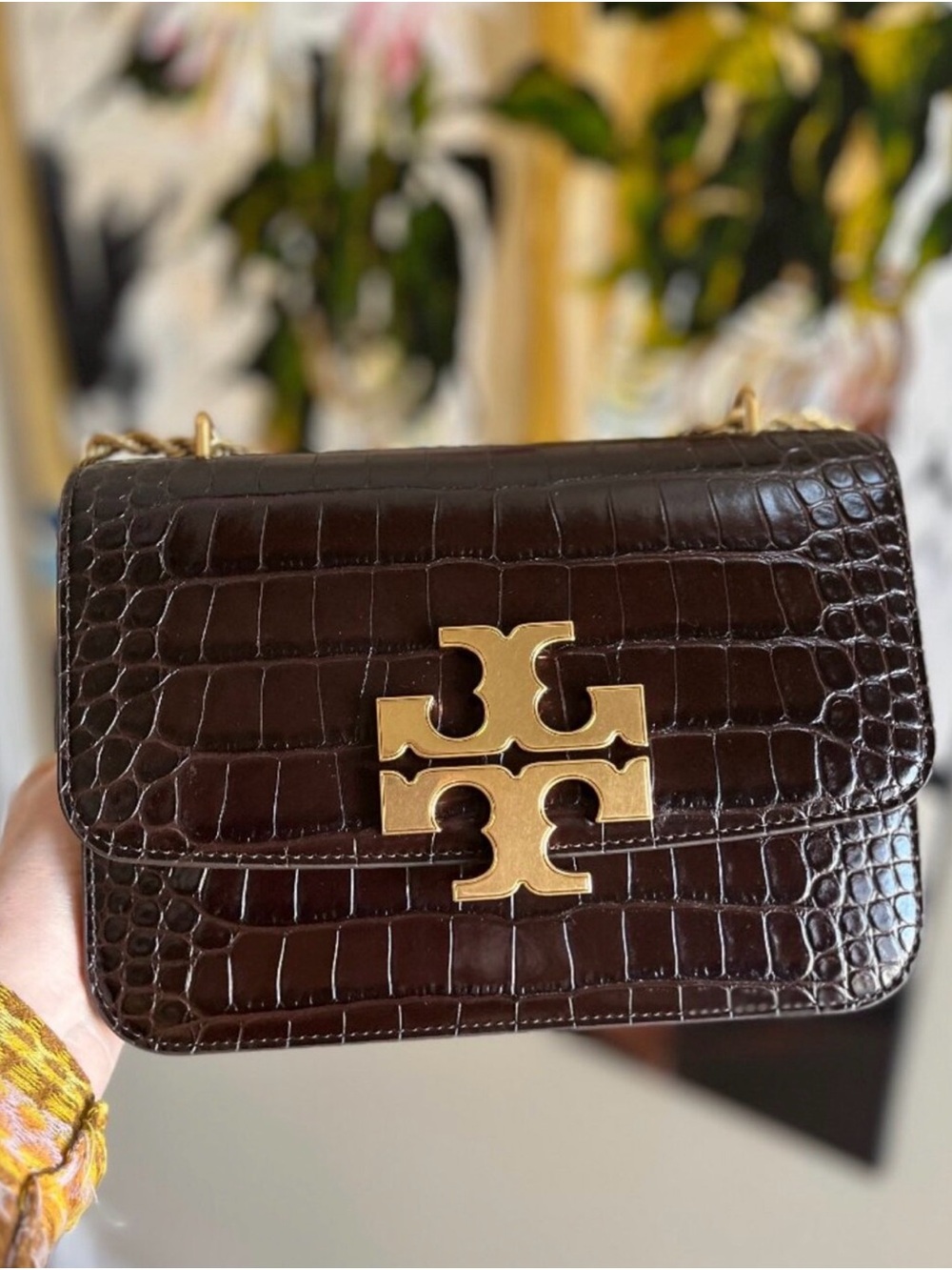 Tory Burch Dark Brown Croc-Embossed Leather Shoulder Bag with Gold Logo